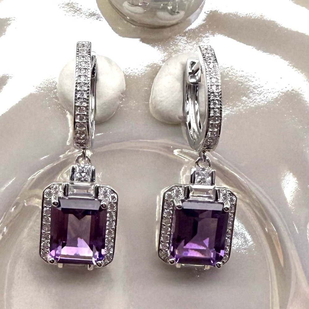 EA1 6.9CT High Quality Natural Russian Amethyst Huggies Earrings Rhodium S925 - Picture 9 of 12